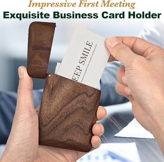 Wood Business Card Holder Wooden Magnetic Business Card Case Portable Simple (Black Walnut)