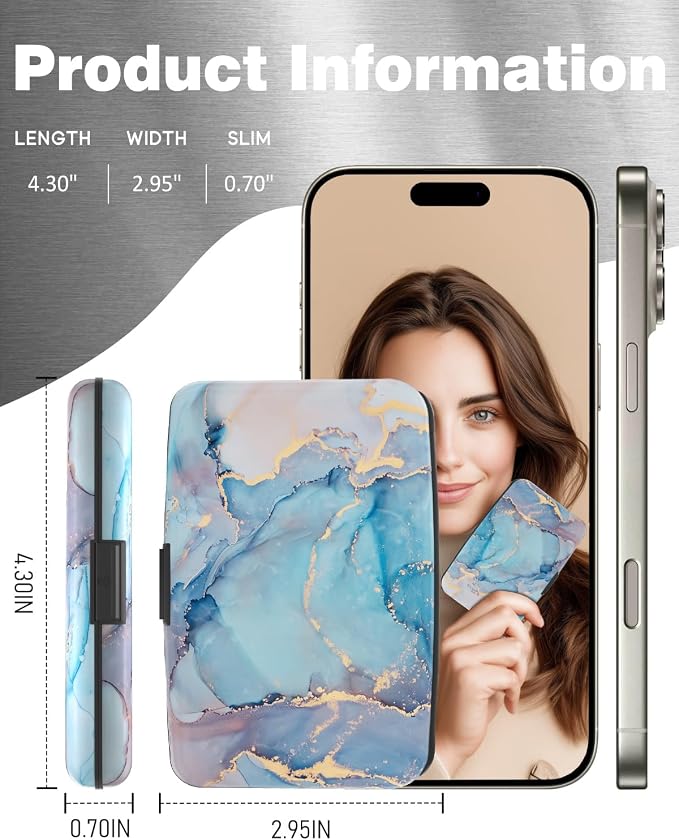 Maicican Credit Card Holder, Mini RFID Blocking Aluminum Wallet | Slim Metal Hard Case Travel Wallet ID Case for Women and Men, 4.3 x 2.9 Inches, Blue Marbling
