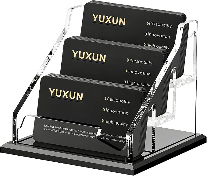 YUXUN Black Business Card Holder for Desk-3 Tier 3 Slot, Acrylic Business Card Holder for Women Men, 150+ Business Cards Display Stand, Multiple Business Card Display for Exhibition, Home, Office