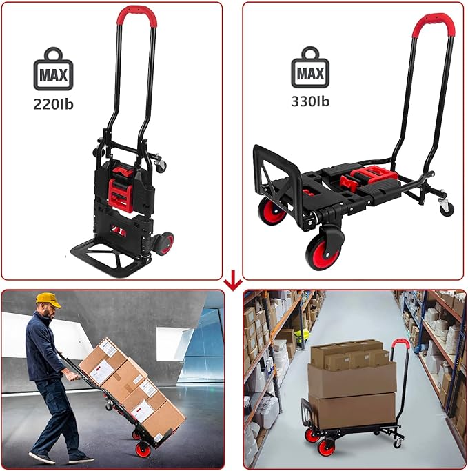 Folding Hand Truck, Portable Dolly Cart with Rubber Wheels and Retractable Handle, 2 in 1 Design 330lbs Capacity Hand Cart Foldable for Transportation/Luggage/Mobile/Travel/Office Use