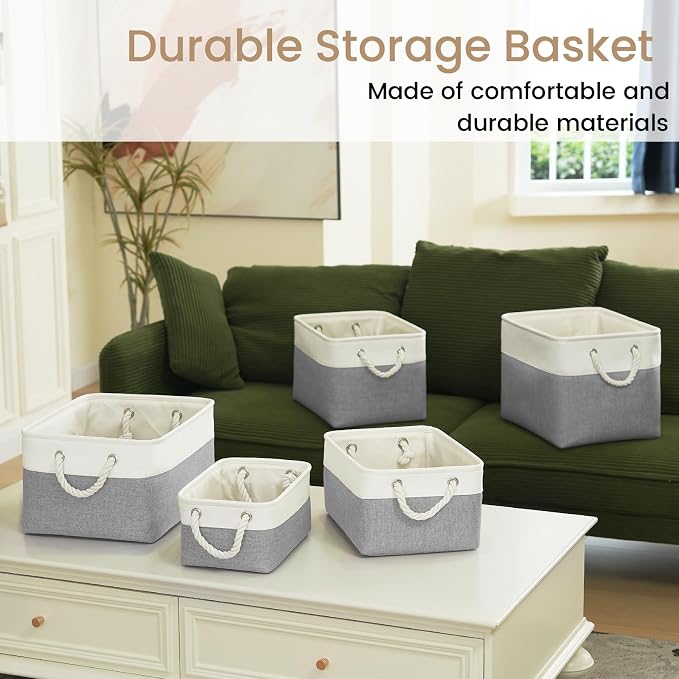 11.8x7.9x5.2 Inch Fabric Small Storage Bins with Handles 1 Pack | Foldable Storage Basket, Sturdy Metal Strand, Cardboard Support Molding, Small Baskets for Organizing, Shelves, White/Gray