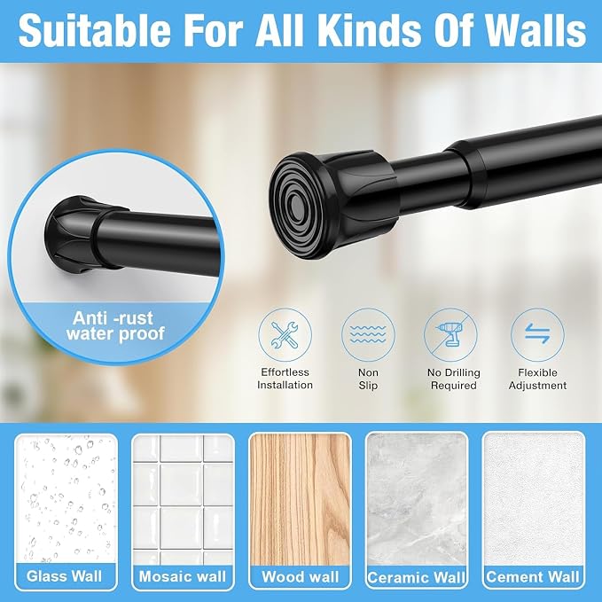 6 Pack Black Spring Tension Curtain Rods 18-28" No-Drill Adjustable | Wide range of uses: Spring loaded curtain rod for windows, closets or kitchen; easy install
