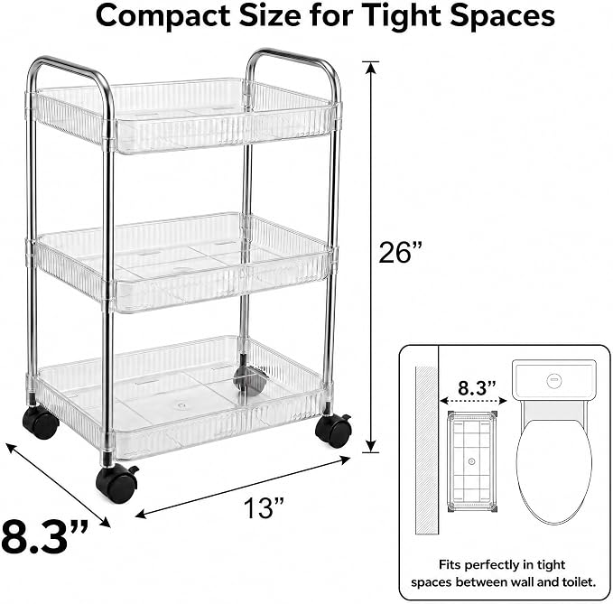 3 Tier Rolling Cart with Lockable Wheels, Clear Acrylic Slim Utility Cart, 13" x 8.3" x 26" Narrow Storage Organizer for Bathroom, Kitchen, Office - Lightweight & Tool-Free Assembly (Clear)