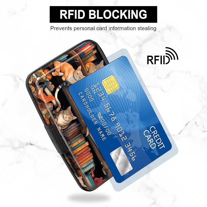 Card Holder Credit Cards Holder for Women RFID wallet women Business Card Holder Wallet Mini Aluminum Card Wallet RFID Blocking Slim Metal Hard Card for Women, Cat Illustration