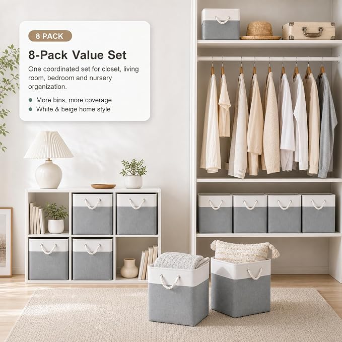 11x11 Inch Cube Storage Bins, 8 Pack Collapsible Fabric Storage Cubes with Rope Handles, Waterproof Foldable Storage Baskets for Cube Shelves, Closet, Clothes, Toys, Books, White & Gray