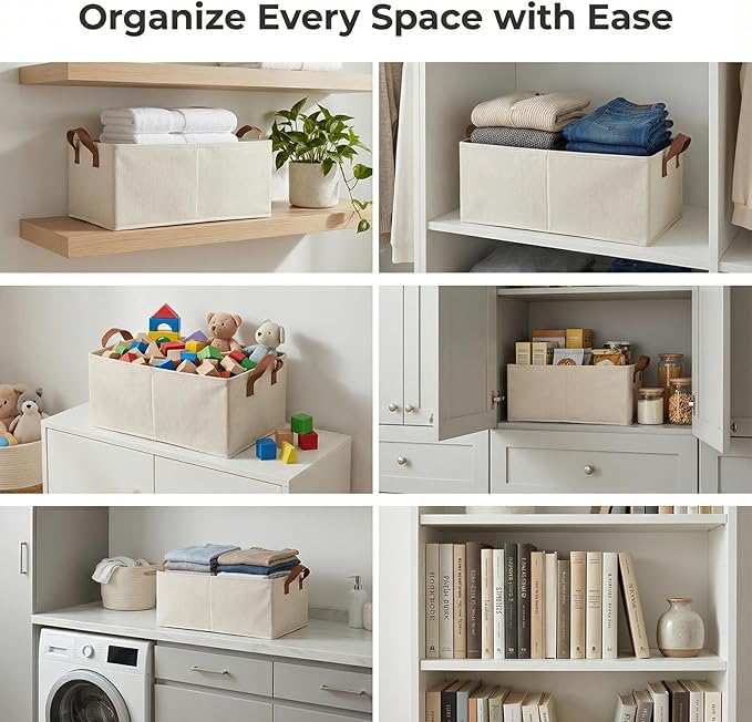 3 Pack Storage Bins Fabric Collapsible Organizers with Handles Sturdy Canvas with PP Board 17.9”x 11”x 7.9” Beige Foldable Storage Box for Closet Shelves, Books, Toys, Clothes, Office Organization