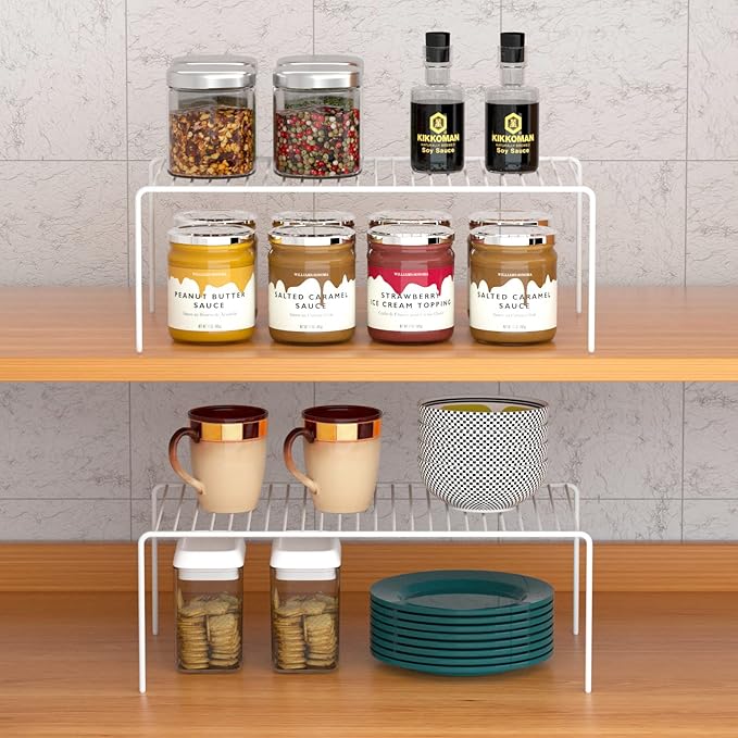 Kitchen Cabinet Shelf Organizer Set of 2, Large (15.7 x 9.4 inch) Metal Wire Pantry Storage Shelves, Dish Plate Racks for Cabinets, Freezer, Counter, Cupboard Organizers and Storage, White