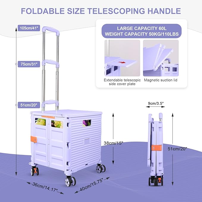 FELICON SELORSS Folding Utility Cart Portable Rolling Crate Handcart with Magnetic Sliding Lid Telescoping Handle Plastic Box Dolly 360°Swivel Wheels for Travel Shop Move Office Teacher(Purple Pro)
