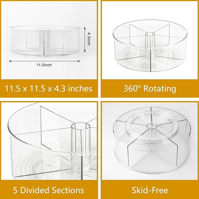Large Lazy Susan Rotating Turntable Organizer with 5 Dividers - for Kitchen, Bathroom, Cabinet, Pantry, Fridge, Countertop, Vanity - Spinning Food Storage Container for Spices, Condiments-11.5", Clear
