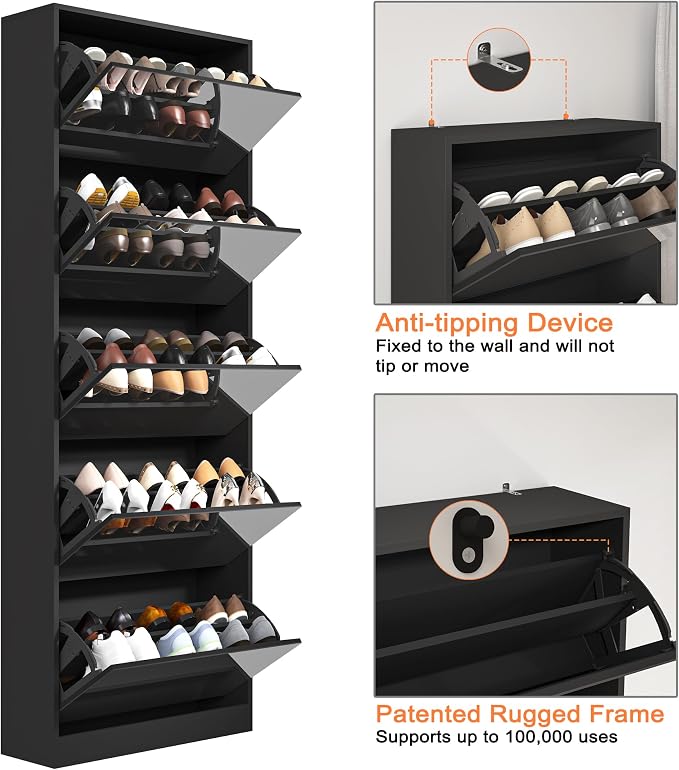 Mirrored Shoe Storage Cabinet with 5 Flip Drawers, 30 Pairs | Real Glass Mirror | Fits Men's Size 15 | Narrow Floor Standing | Entryway Organizer | Space-Saving | Black
