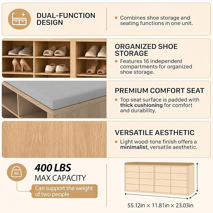 Shoe Storage Bench with Cushion Shoe Rack for Entryway 16 Cubby Multifunctional Organizer Bench Entryway with Soft Sponge Cushion for Hallway Living Room Bedroom (Wood & Light Gray)