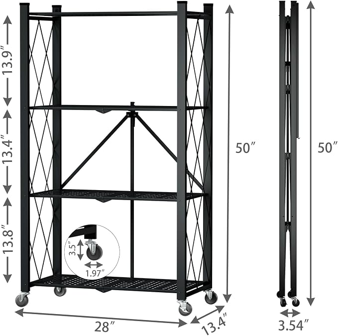 4 Tier Foldable Storage Shelf with Wheels, Heavy Duty Folding Shelf Loads 600 LBS, Metal Steel Collapsible Shelves, Rolling Standing Utility Rack for Kitchen, Pantry, Office, Black