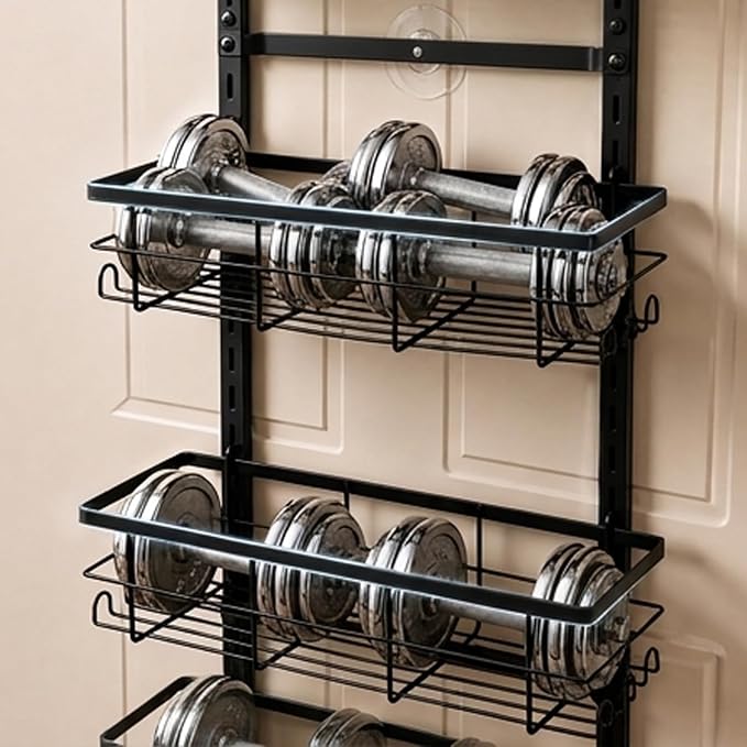 Over the Door Spice Rack 9-Tier Black for Kitchen Pantry | Adjustable 9-tier metal over-door storage rack for kitchen, pantry. Rust-resistant, hooks, suction cups, no-drill.