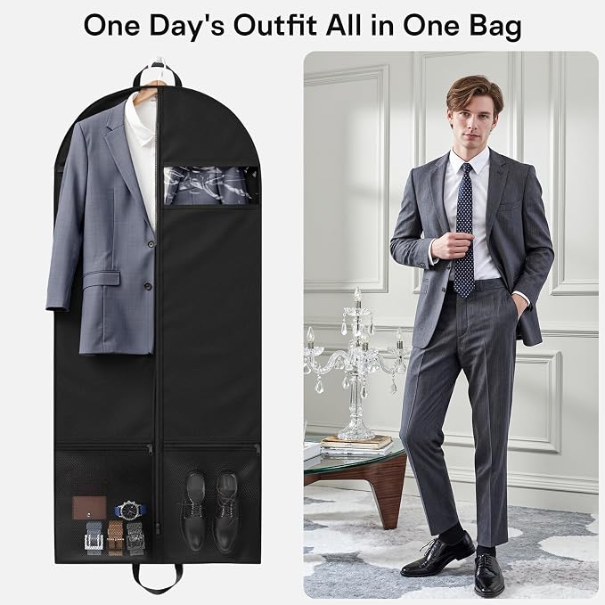 2 Pack Heavy Duty Garment Bags for Travel Suit Bags, Dress Bags, Garment Bags for Hanging Clothes with Pockets Men's Suit Holder for Shirts, Coats, Dresses (Black, 2Pack 60")