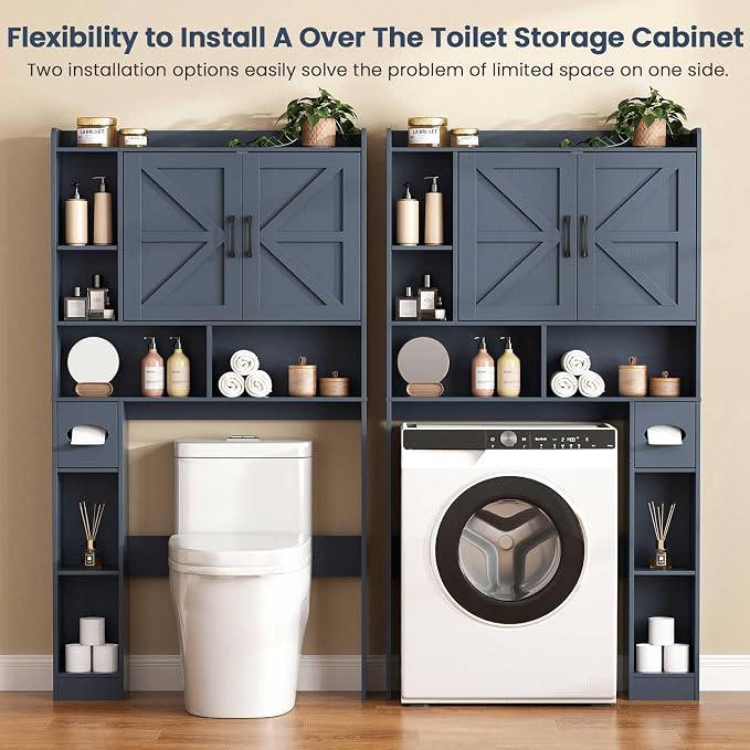 Vabches Over The Toilet Storage Cabinet with 2 Barn Doors, Blue | Farmhouse Storage Cabinet with Toilet Paper Holder Stand，Home Space-Saving Toilet Rack, for Bathroom, Restroom, Laundry