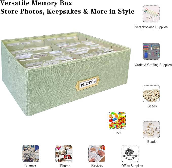 Linen Photo Storage Box – Holds 1700 Photos, Photo Organizer with Lid for Photo, Pictures, 24 Adjustable Dividers & 72 Labels Multi-Use Organizer Memory Box for Envelopes, Baby, Wedding, Cards Green