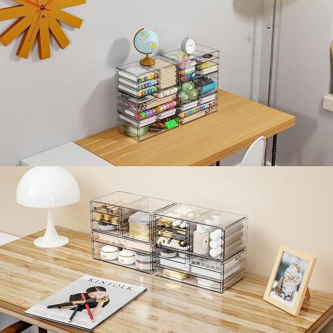 Yieach 3Pack Clear Drawer Organizers Stackable,Acrylic Storage Drawers With 10 Drawers,Multipurpose Office Supply Organizer and Makeup Organizer for Beauty,Craft,Pen,Medical,Stationary Desk Organizers