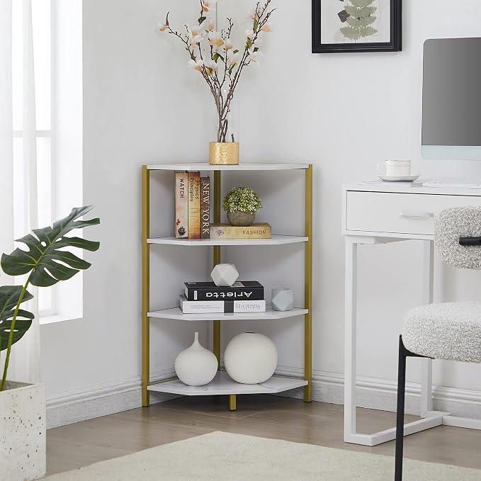 VECELO 31 Inch Corner Shelf, 4-Tier Display Shelves, Wood Storage Stand with Metal Frame, Multipurpose Shelving Unit for Small Space, Home Office,Brushed Gold