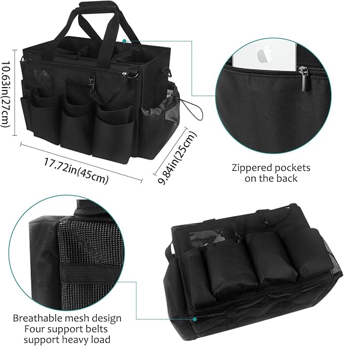 Qivine Cleaning Caddy with Handle, Cleaning Supply Caddy Foldable Tool Bag Cleaning Products Organizers Portable Cleaning Bucket Organiser for Storing Towels（Black Square）