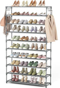 LANTEFUL 10 Tiers Shoe Rack 50 Pairs Large Capacity Tall Shoe Organizer Sturdy Shoe Storage with Two Hooks Space Saving Metal Wide Shoe Rack for Closet, Entryway, Bedroom, Grey