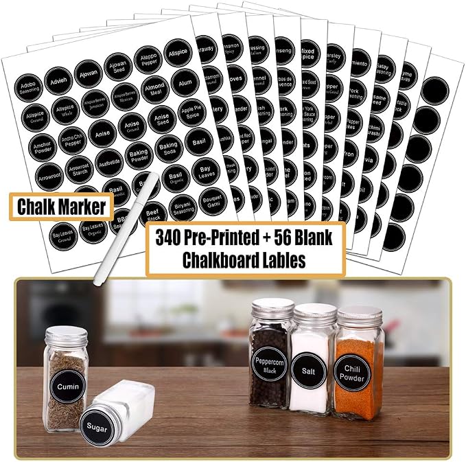 SWOMMOLY 30 Pcs Glass Spice Jars with Lids, 4oz Spice Bottles with Labels | Square Spice Containers with Shaker Lids, 703 Labels, Chalk Marker, Funnel- Seasoning Bottles for Racks, Cabinets, Drawers