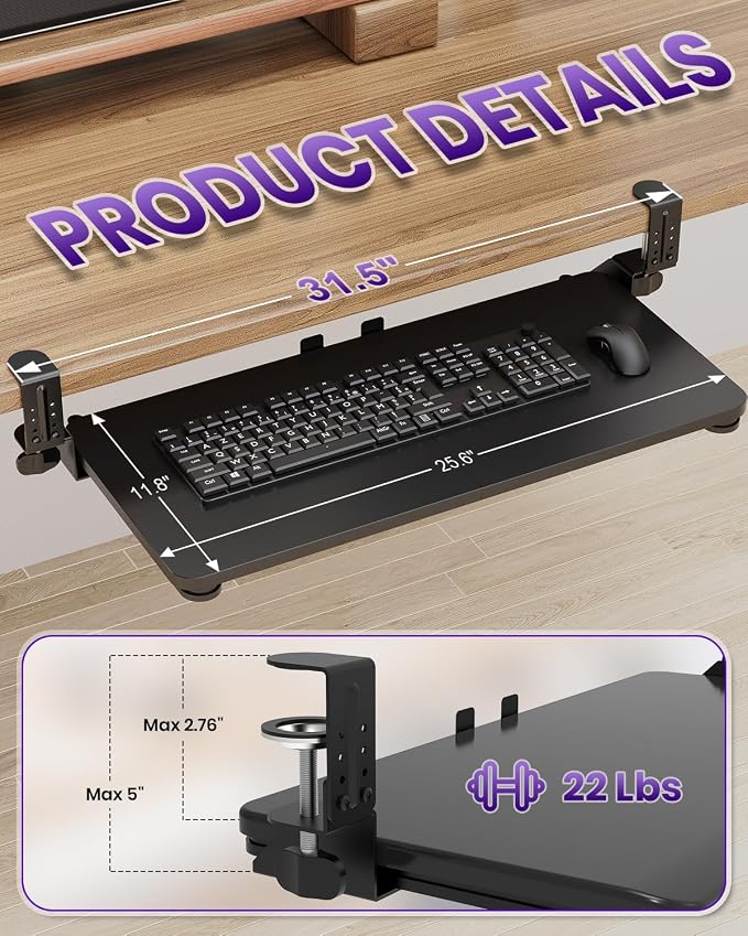Ergonomic Keyboard Tray Under Desk, Pull Out with Adjustable C-clamp, 25.6 (31.5 Including Clamps) x 11.8 Inch Slide Out Computer Keyboard Drawer Mouse Tray for Typing, Large & Black