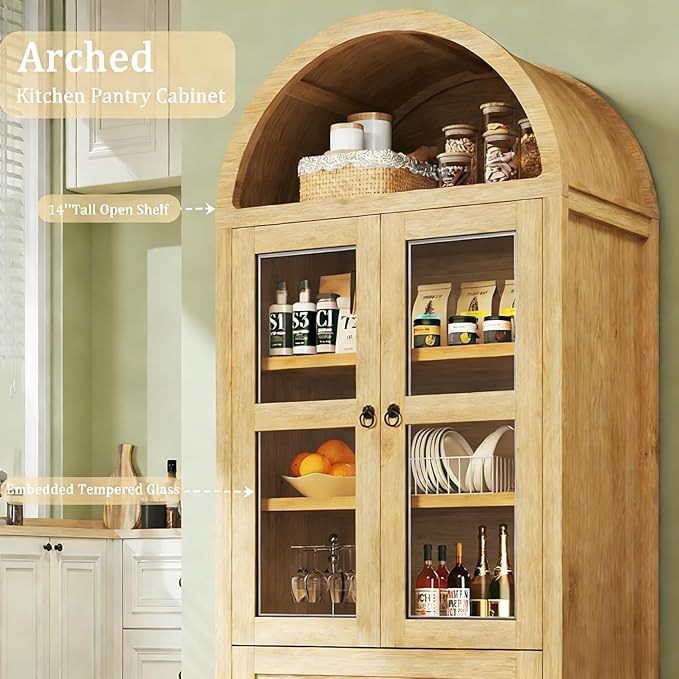 HUAHUU 71" Tall Pantry Cabinet, Arched Cabinet, Kitchen Storage Cabinets with 2 Large Drawers & Adjustable Shelves & Glass Door for Living Room, Kitchen, Dining Room, Natrual