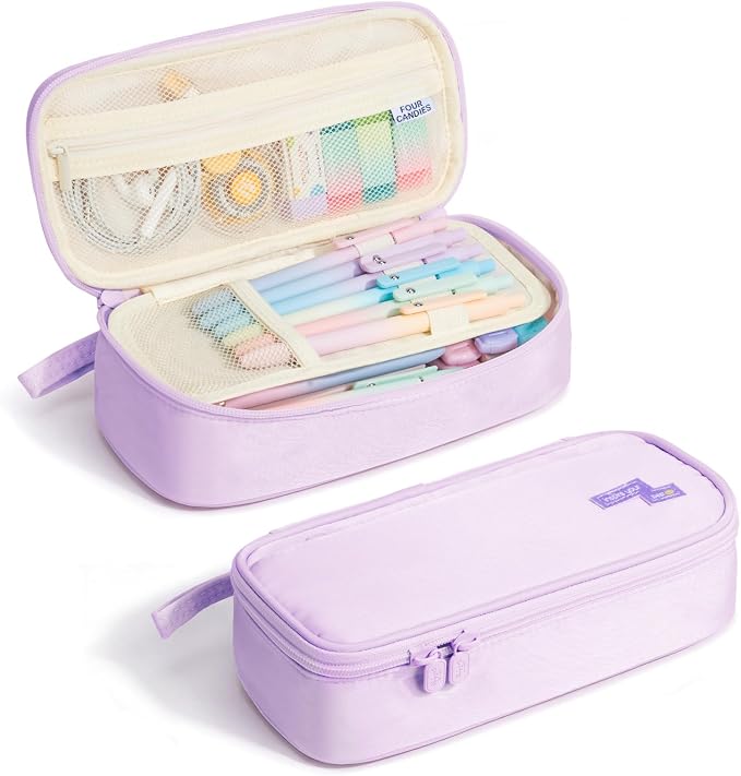 Four Candies Pencil Case, Large Capacity Pencil Pouch—Portable Marker Holder Bag for Home & Office, Soft Supply Organizer (Purple)