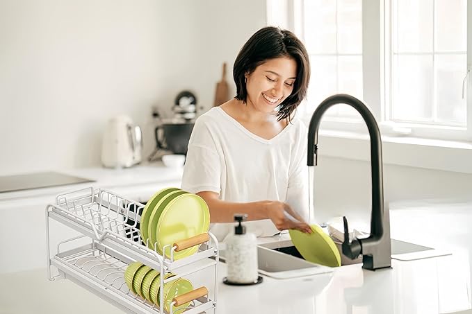 Pull-Out Double/Single Tier Dish Rack for Cupboard, Slide Out Dish Drying Rack for Kitchen Cabinets, Pull Out Drawer for Kitchen Under Sink Organizer (Double Tier Dish Rack)