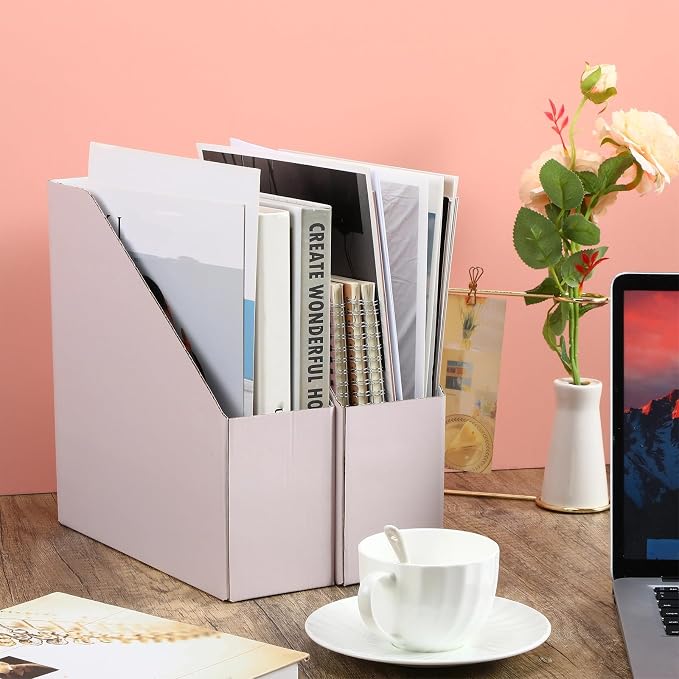 Teling 15 Pack Pink Magazine File Holder, 10.6" H x 10.2" L x 3.5" W, Foldable Cardboard Document Storage Box for Shelves, Book Bin Desk Organizer for Office Home Classroom
