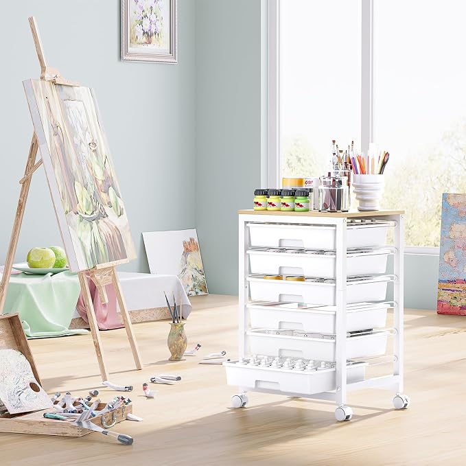 SYKIARIOL Rolling Storage Utility Cart with 6 Drawers and Wooden Tabletop for Under Desk Storage,White