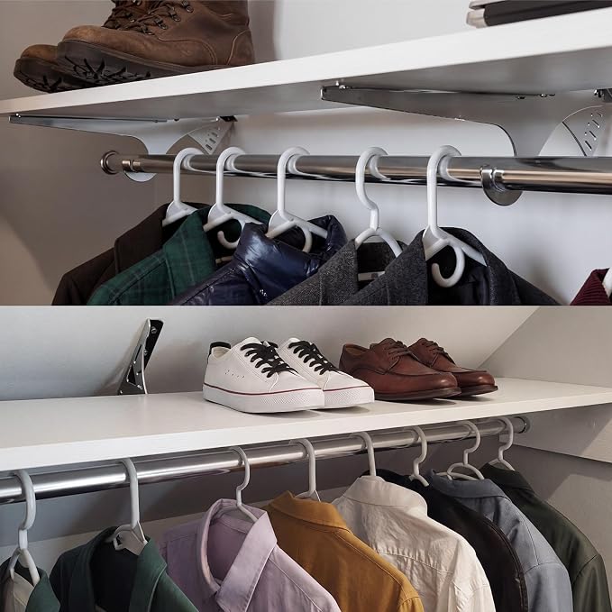 Lewtemi 2 Pcs Chrome-plated Alloy Steel Sloped Ceiling Clothes Rod & Shelf Bracket 15.7" Rod Bracket for Attic Living Room Bedroom Sloped Closet Drapery