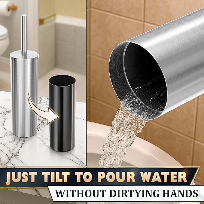 Stylish Stainless Steel Toilet Brush and Holder Set - Silver Toilet Bowl Brush and Holder with Splash Cover, Sturdy Bristles, Corrosion & Scratch Resistant - Elegant Design, Effective Deep Cleaning
