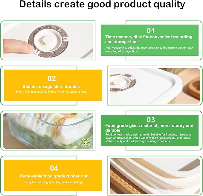 Glass Vacuum Seal Containers for Food Storamge, Vacuum Container with Time Recording Disk, 3 pcs set (S, M, L), BPA-FREE, Dishwasher, Freezer & Microwave Safe Works with Handheld Vacuum Sealer Machine