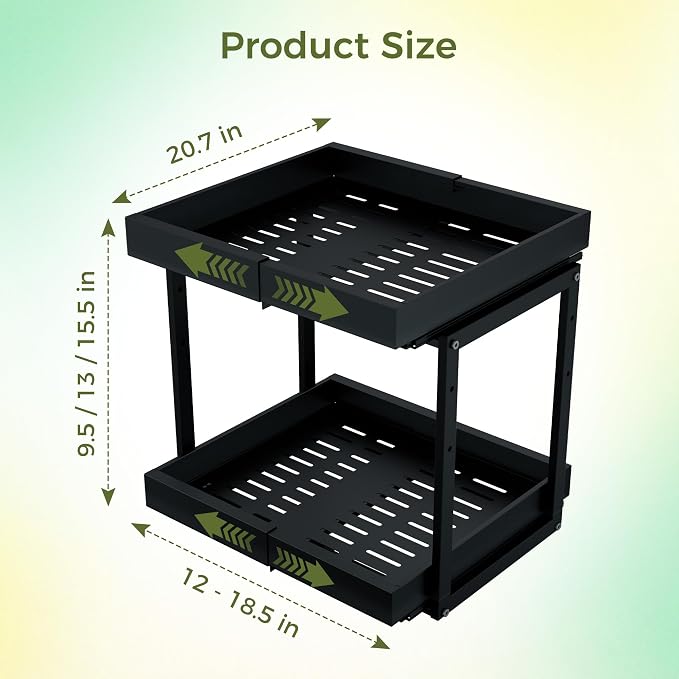 Abalter Expandable Pull Out Cabinet Organizer(12-18.5" W x 21" D), 2-Tier Slide Out Drawer for Kitchen Cabinets, Slide Out Shelves for Kitchen Countertop, Bathroom, Pantry, Heavy Duty Caddy(Black)