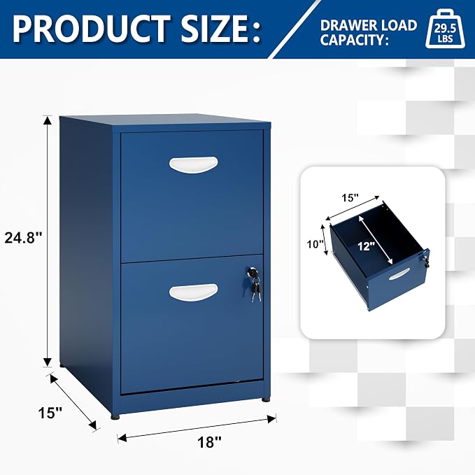 Polup 2 Drawer File Cabinet with Lock, Small Filing Cabinet for Home Office, Metal File Cabinet with Drawers for Under Desk, Blue, Assembly Required