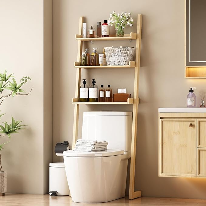 Solid Bamboo Toilet Shelf,3 Tier Bathroom Shelf with Anti-Slip Base | Solid bamboo over the toilet storage – naturally moisture-resistant for bathrooms, built for long-lasting durability