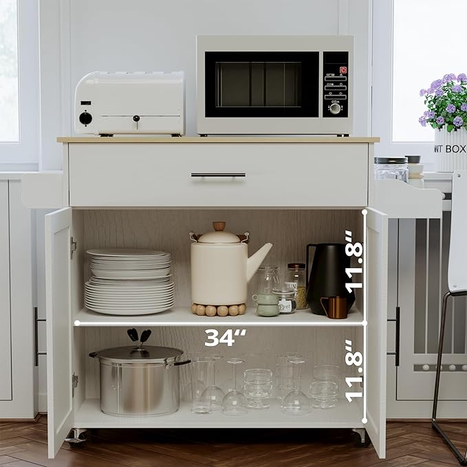 IRONCK Rolling Kitchen Island Table on Wheels with Drop Leaf, Storage Cabinet, Drawer, Spice/Towel Rack, Kitchen Cart, 47.25" Wide White