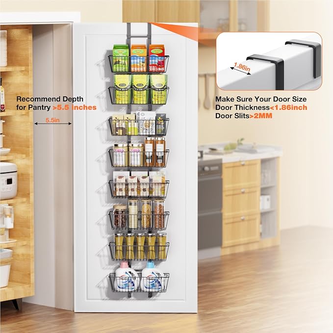 8 Tier Over the Door Pantry Organizer, Over the Door Spice Rack with Adjustable Baskets, Metal Hanging Door Pantry Organizers and Storage for Kitchen Bathroom Bedroom, Black