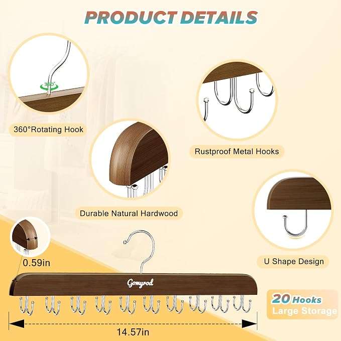 Gomyrod Tank Top Hanger, 2 Pack w/40 Hooks Bra Hanger for Closet Organizer | Premium Wood Space Saving Hanger, 360°Rotating Closet Organizers and Storage, Multi Hook Hanger for Dorm & Apartment, Brown