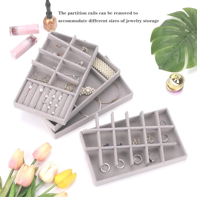 Stackable Jewelry Organizer Trays for Drawer, Set of 4 Velvet Jewelry Drawer Inserts in Dresser, 8in Storage Display Case for Rings Stud Necklaces Accessories(Grey)