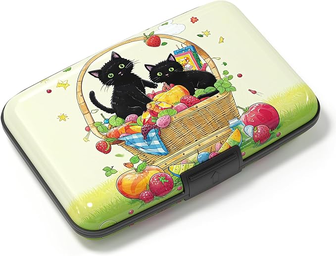 Credit Card Holder, Mini Aluminum Card Wallet RFID Blocking Slim Metal Hard Card Case for Women Men, Fruit Cat