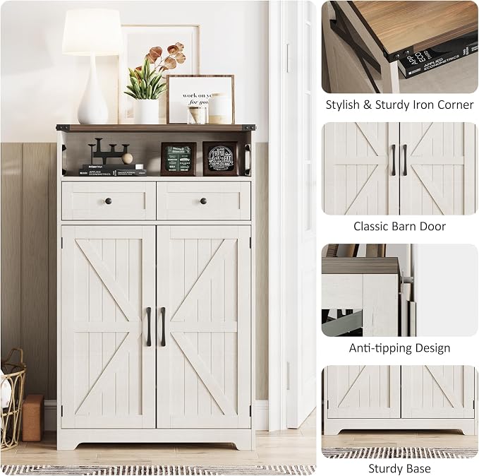 Maupvit Shoe Cabinet with Doors, 6-Tier Farmhouse Shoe Storage Cabinet with 2 Drawers & Adjustable Shelves, Shoe Cabinet Storage for Entryway, Wood Shoe Rack Organizer for Living Room Foyer Hallway