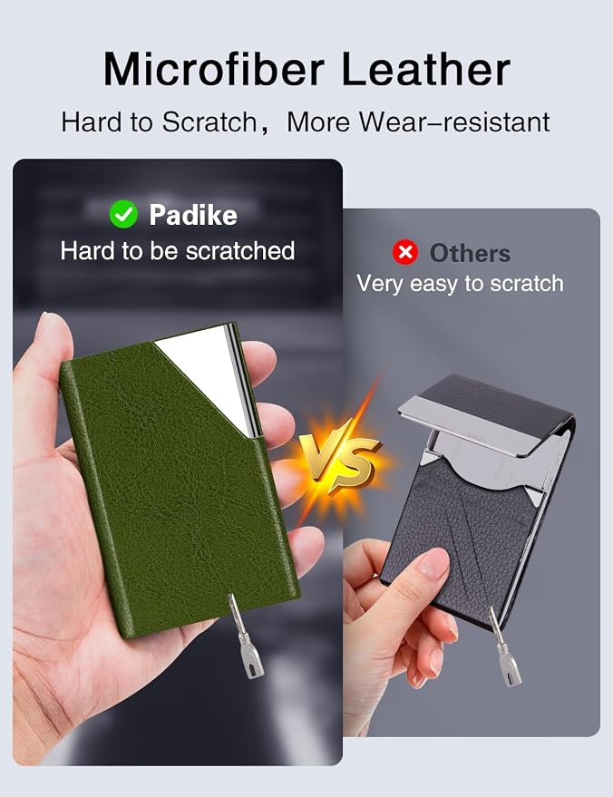 Padike Business Card Holder, Leather Business Card Case Pocket Card Holders for Men or Women, Metal Slim Name Card Holder RFID Blocking Business Card Carrier with Magnetic Closure (Z-Olive Green)