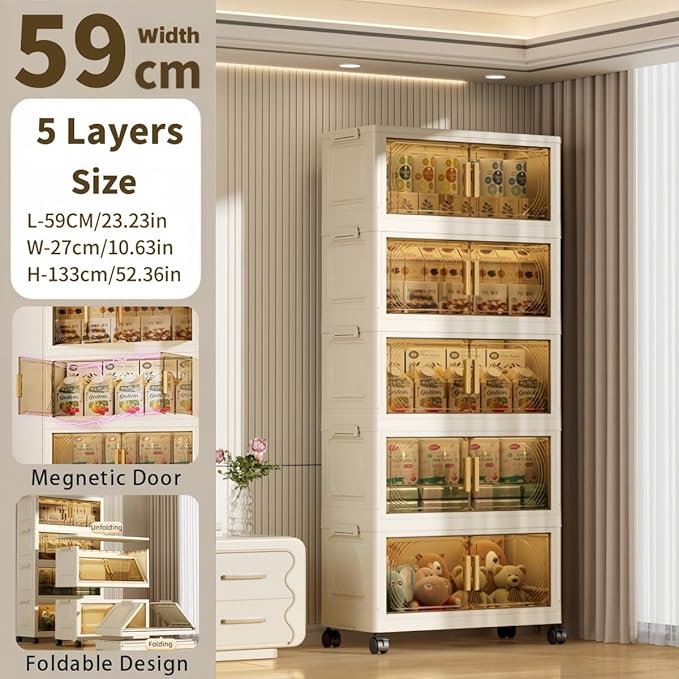 5-Tier Stackable Storage Bins with Wheels & Magnetic Doors, Foldable Collapsible Organizer Cabinet with Lids, 40 QT Arc-Design Clear Storage Boxes for Bedroom, Kitchen, Office, Dorm