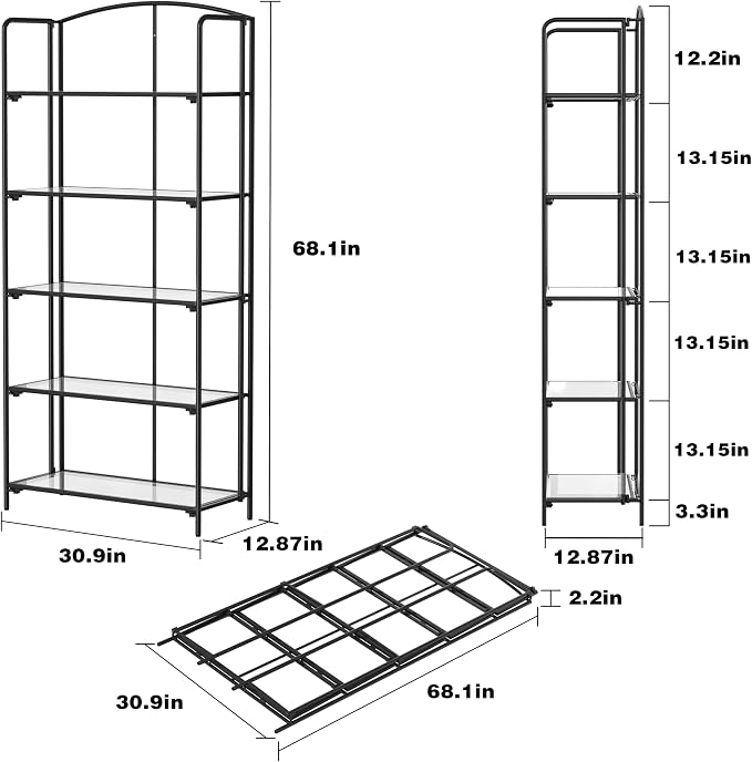 Crofy 5-Tier Wider Foldable Bookshelf, Black Frame & Transparent Shelves | Collapsible Portable Storage Organizer; Sturdy Transparent Shelves; Ideal for Living Room & Home Office