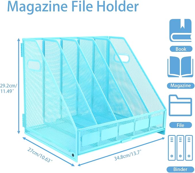 Desk Organizers Metal Magazine File Holder Racks Desktop Folder Storage Binder Organiser Document Organization for Home Office & Classroom,5 Vertical Compartments-Blue
