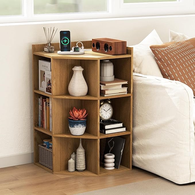 Giantex 3-Tier Corner Cabinet with Charging Station, Corner Shelf with 9 Cubbies, 1 USB Port & 1 Type-C Port, 4 Outlets, Cube Bookshelf, Storage Organizer for Small Spaces, Playroom, Living Room