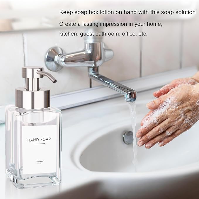 Foaming Soap Dispenser with Stainless Steel Pump, 12oz Refillable Glass Liquid Dish Soap Bottles for Bathroom, Kitchen Sink, Home Decor