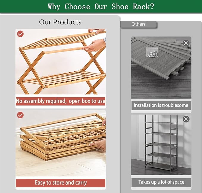 2 Tier Bamboo Shoe Rack,Portable Folding Shoe Storage Rack,Without Installation Small Shoe Rack Perfect for Corridors, Bedrooms and Small Spaces (2 Tier)